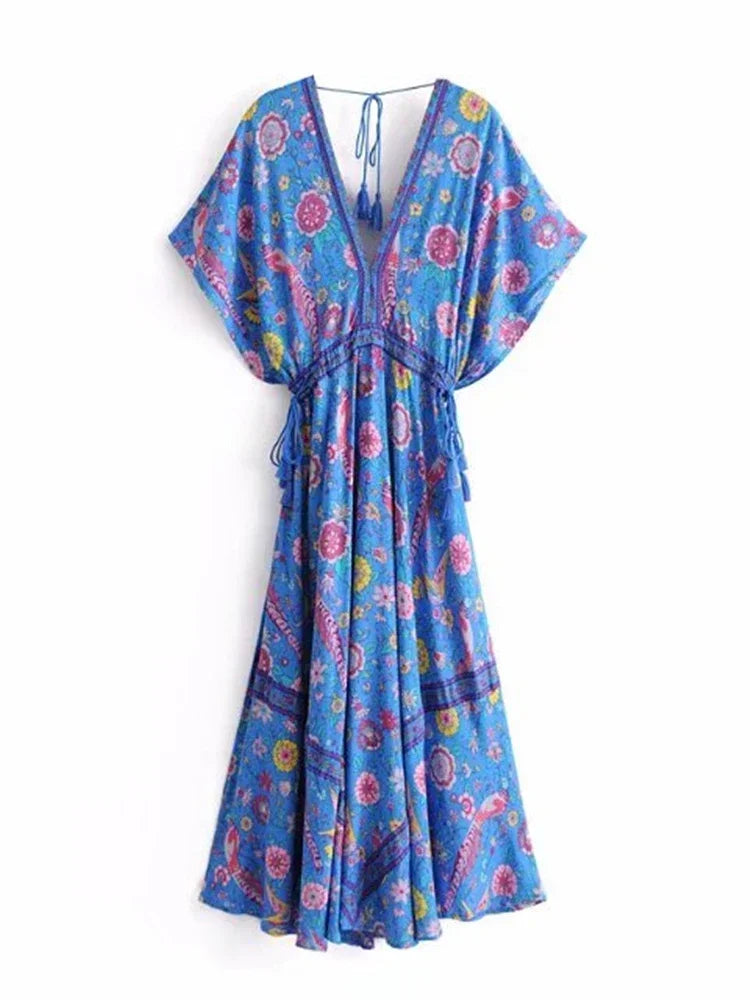 Robe Longue Bohème Chic Femme Imprimé Paon Manches Chauve-Souris