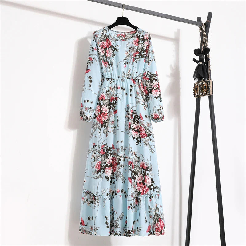 Robe Longue Bohème Fleurie Manches Longues O-Neck Printemps Été Femme XIBUSANA