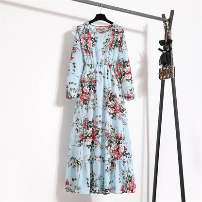 Robe Longue Bohème Fleurie Manches Longues O-Neck Printemps Été Femme XIBUSANA