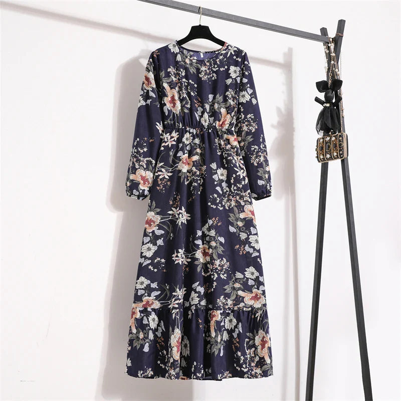 Robe Longue Bohème Fleurie Manches Longues O-Neck Printemps Été Femme XIBUSANA