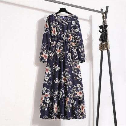 Robe Longue Bohème Fleurie Manches Longues O-Neck Printemps Été Femme XIBUSANA