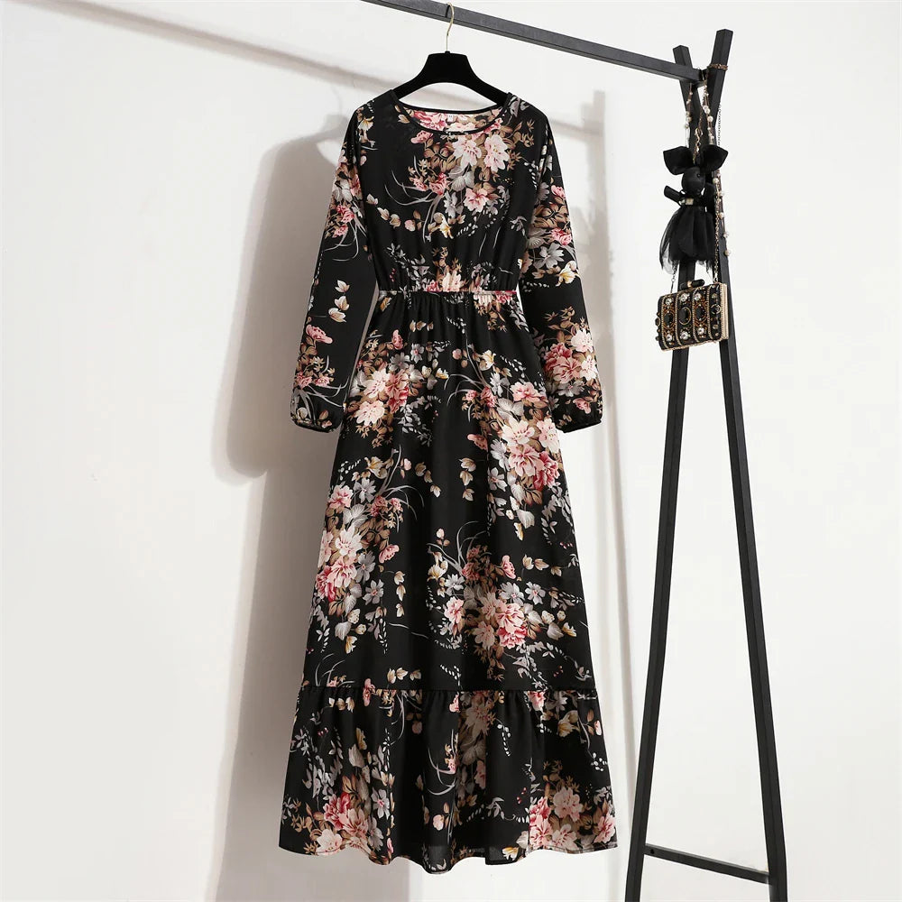 Robe Longue Bohème Fleurie Manches Longues O-Neck Printemps Été Femme XIBUSANA
