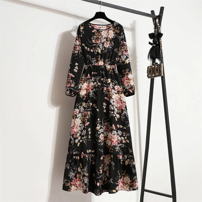 Robe Longue Bohème Fleurie Manches Longues O-Neck Printemps Été Femme XIBUSANA