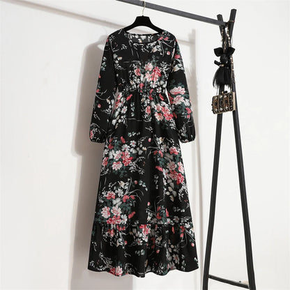 Robe Longue Bohème Fleurie Manches Longues O-Neck Printemps Été Femme XIBUSANA
