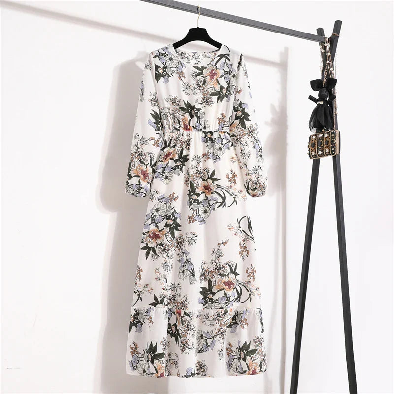 Robe Longue Bohème Fleurie Manches Longues O-Neck Printemps Été Femme XIBUSANA