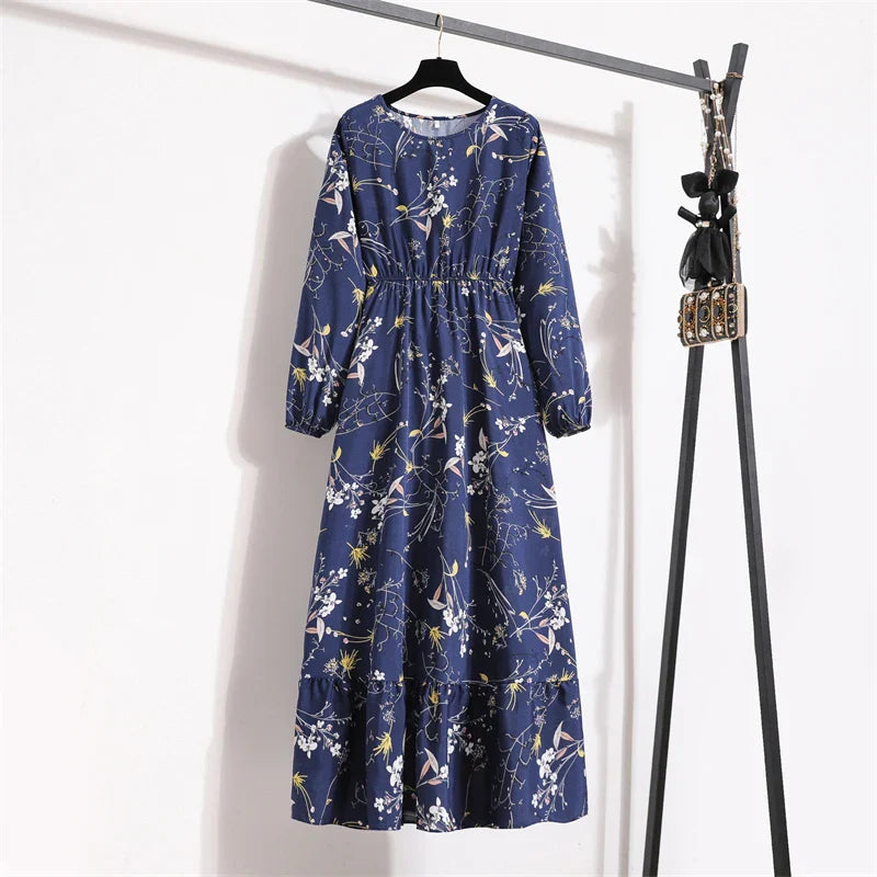 Robe Longue Bohème Fleurie Manches Longues O-Neck Printemps Été Femme XIBUSANA