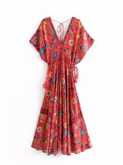 Robe Longue Bohème Chic Femme Imprimé Paon Manches Chauve-Souris