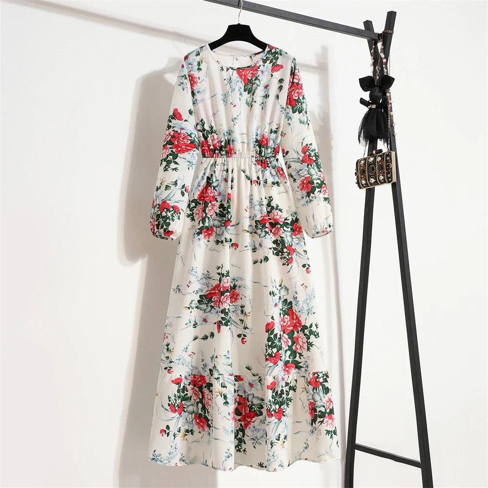 Robe Longue Bohème Fleurie Manches Longues O-Neck Printemps Été Femme XIBUSANA