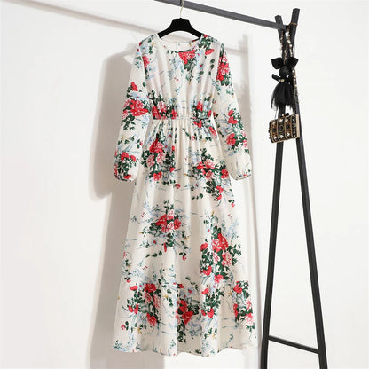 Robe Longue Bohème Fleurie Manches Longues O-Neck Printemps Été Femme XIBUSANA
