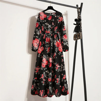 Robe Longue Bohème Fleurie Manches Longues O-Neck Printemps Été Femme XIBUSANA