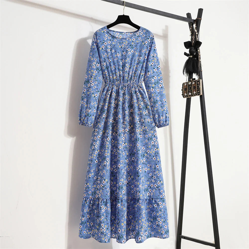 Robe Longue Bohème Fleurie Manches Longues O-Neck Printemps Été Femme XIBUSANA