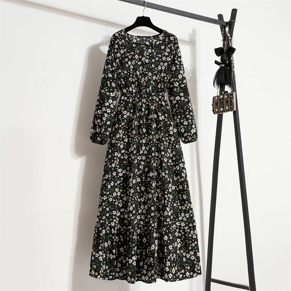 Robe Longue Bohème Fleurie Manches Longues O-Neck Printemps Été Femme XIBUSANA