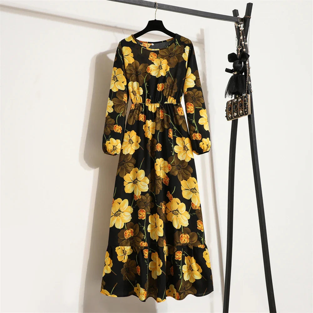 Robe Longue Bohème Fleurie Manches Longues O-Neck Printemps Été Femme XIBUSANA