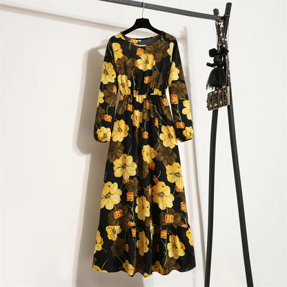 Robe Longue Bohème Fleurie Manches Longues O-Neck Printemps Été Femme XIBUSANA